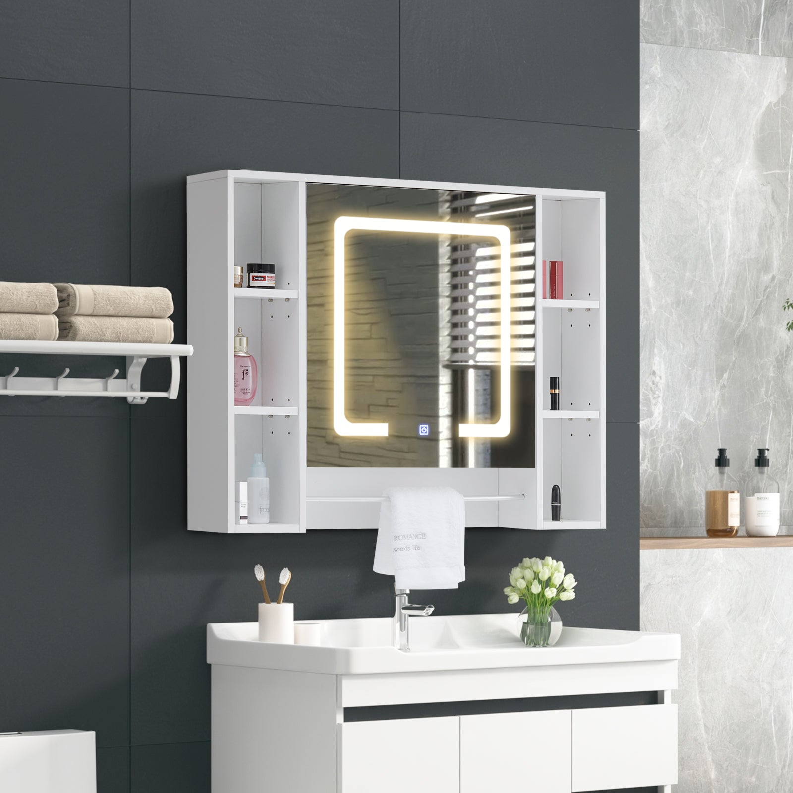 Tavion Bathroom Mirror Cabinet with Lights (1 Door+6 Shelves)