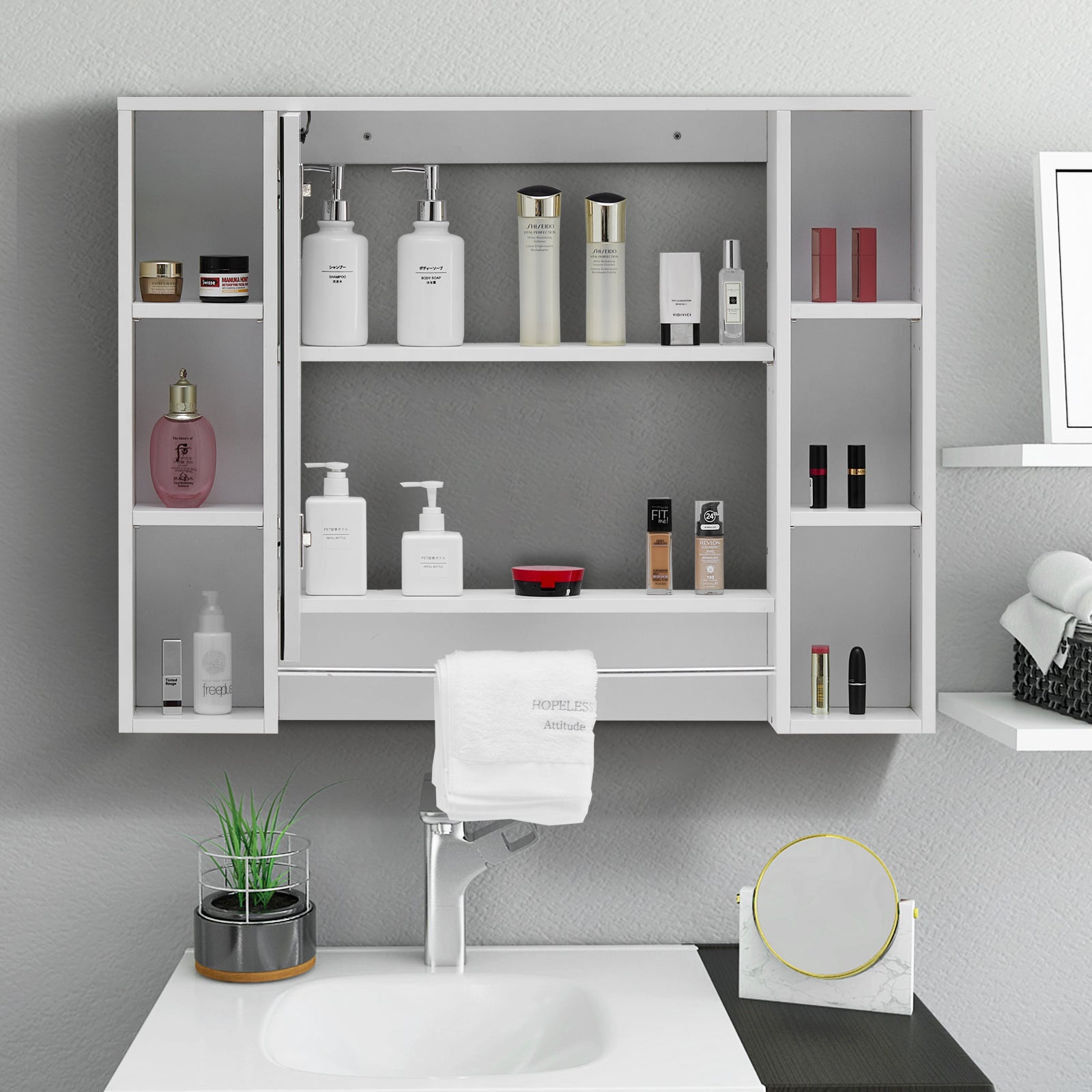 Tavion Bathroom Mirror Cabinet with Lights (1 Door+6 Shelves)