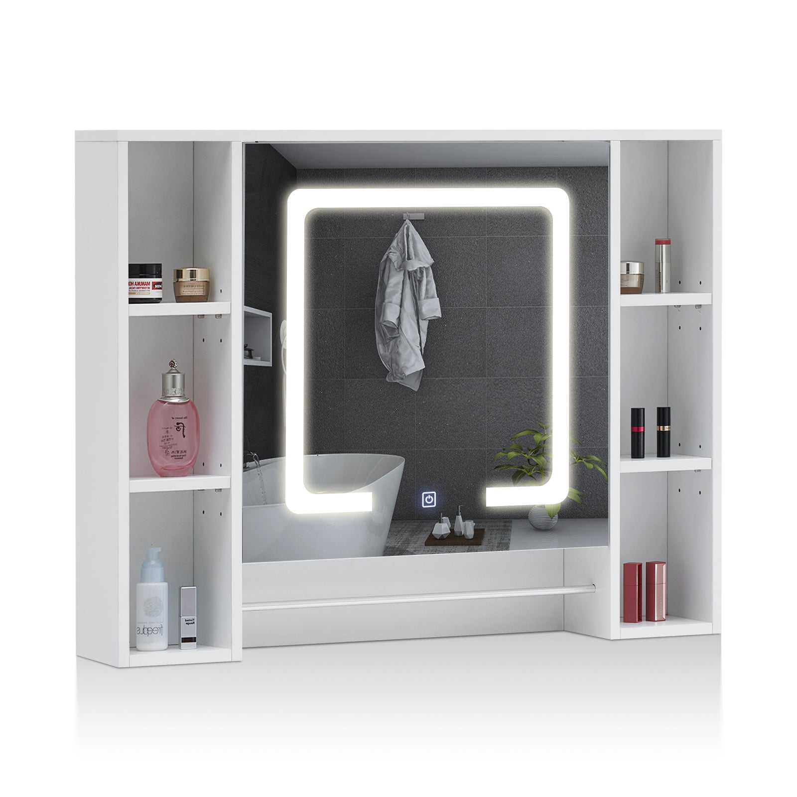 Tavion Bathroom Mirror Cabinet with Lights (1 Door+6 Shelves)