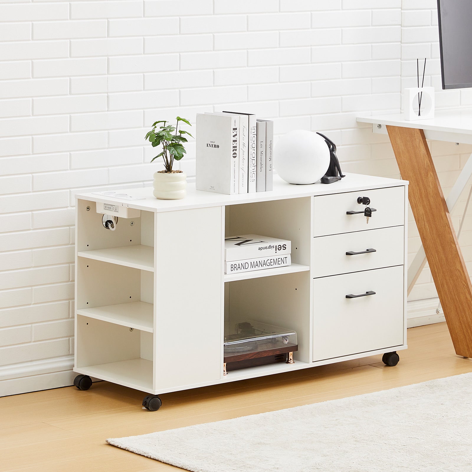 Wide Mobile Filing Cabinet with 3 Drawers and Open Storage