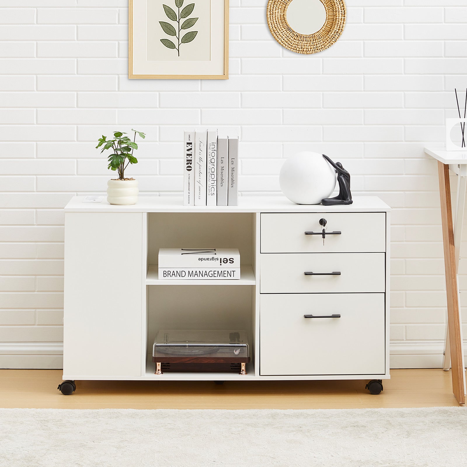 Wide Mobile Filing Cabinet with 3 Drawers and Open Storage