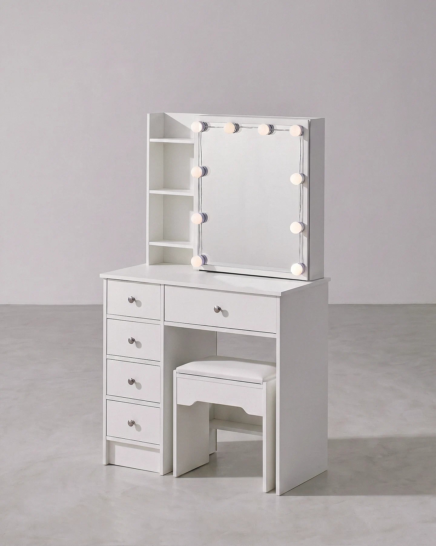 Amya White Dressing Table Set with Sliding Mirror and Stool