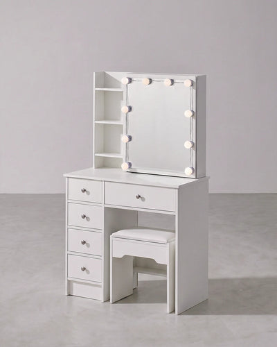 Amya White Dressing Table Set with Sliding Mirror and Stool