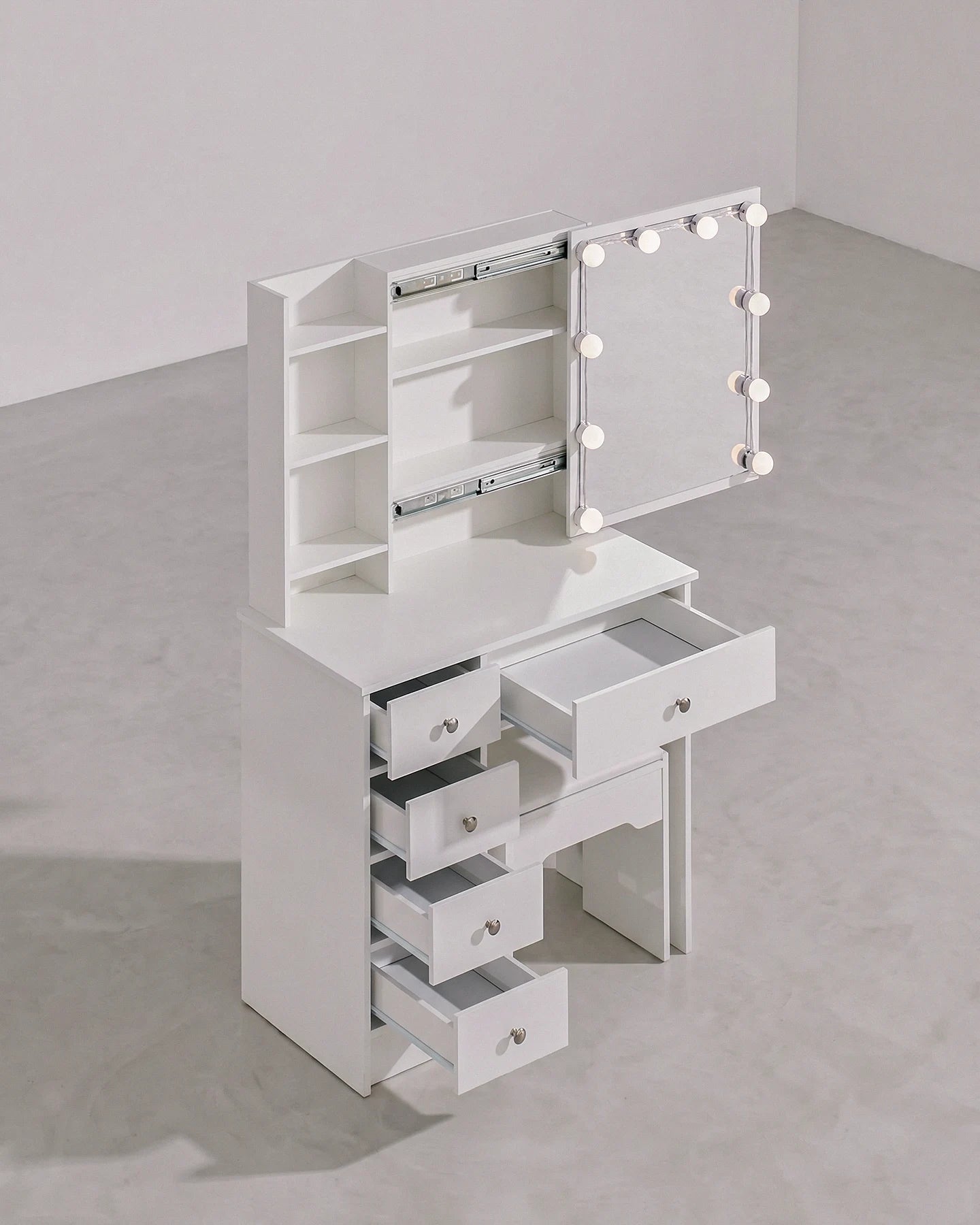 Amya White Dressing Table Set with Sliding Mirror and Stool