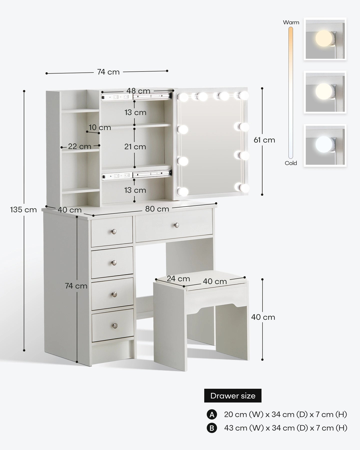 Amya Dressing Table Set with Stool – Dimensions and Measurements
