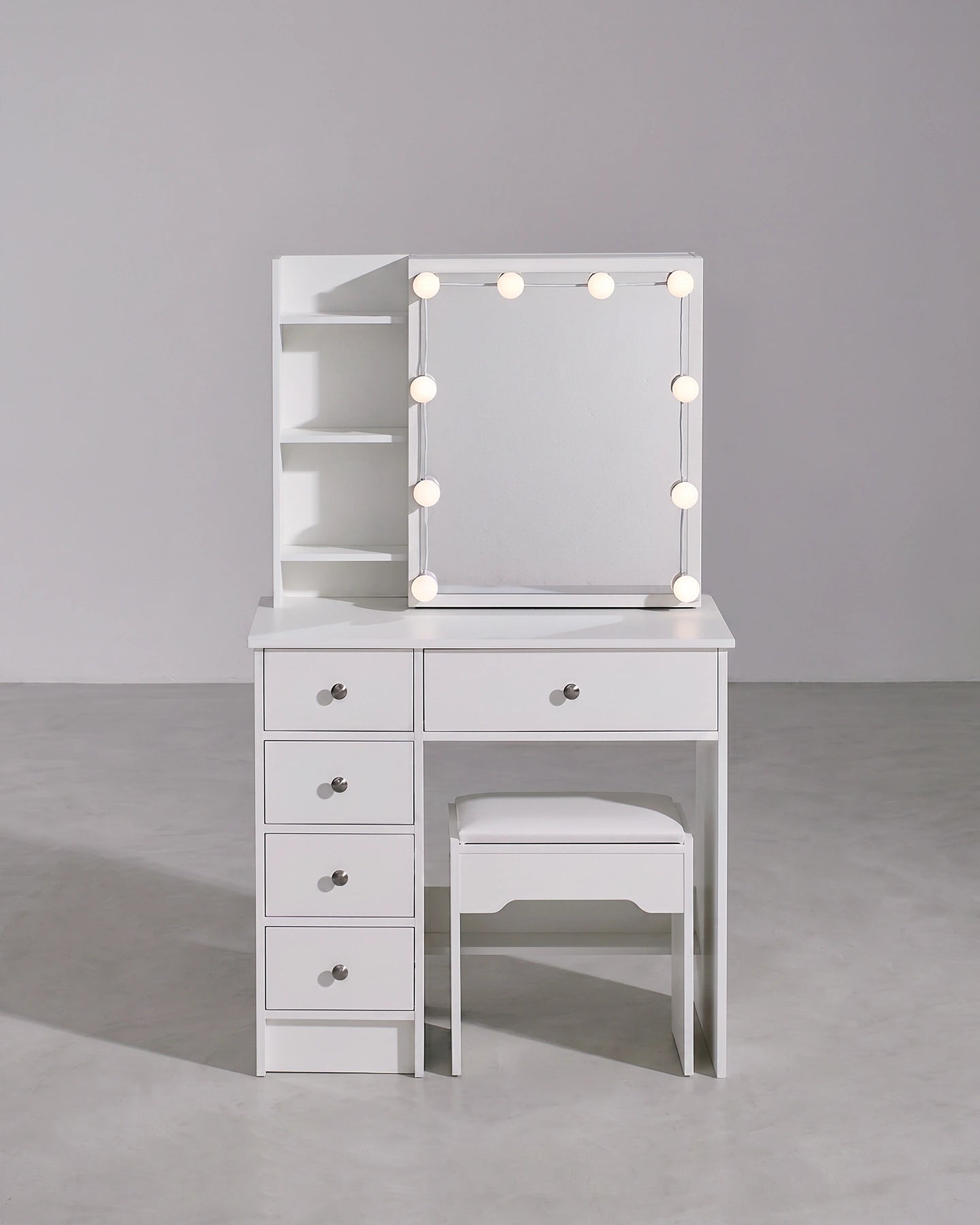 Amya White Dressing Table Set with Sliding Mirror and Stool