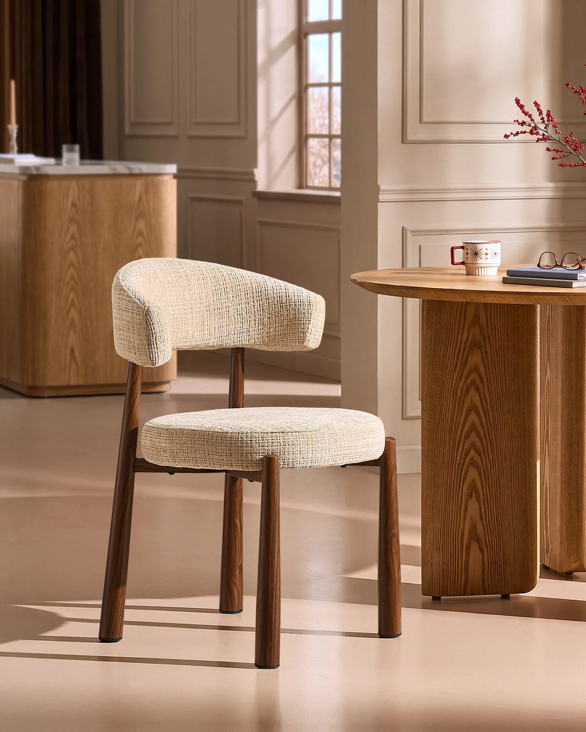 Ansel Cream Chenille Dining Chair – Side Profile and Curved Silhouette