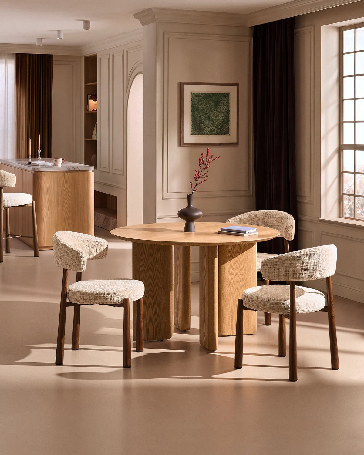 Ansel Cream Chenille Dining Chairs Paired with a Dining Table in a Light Interior