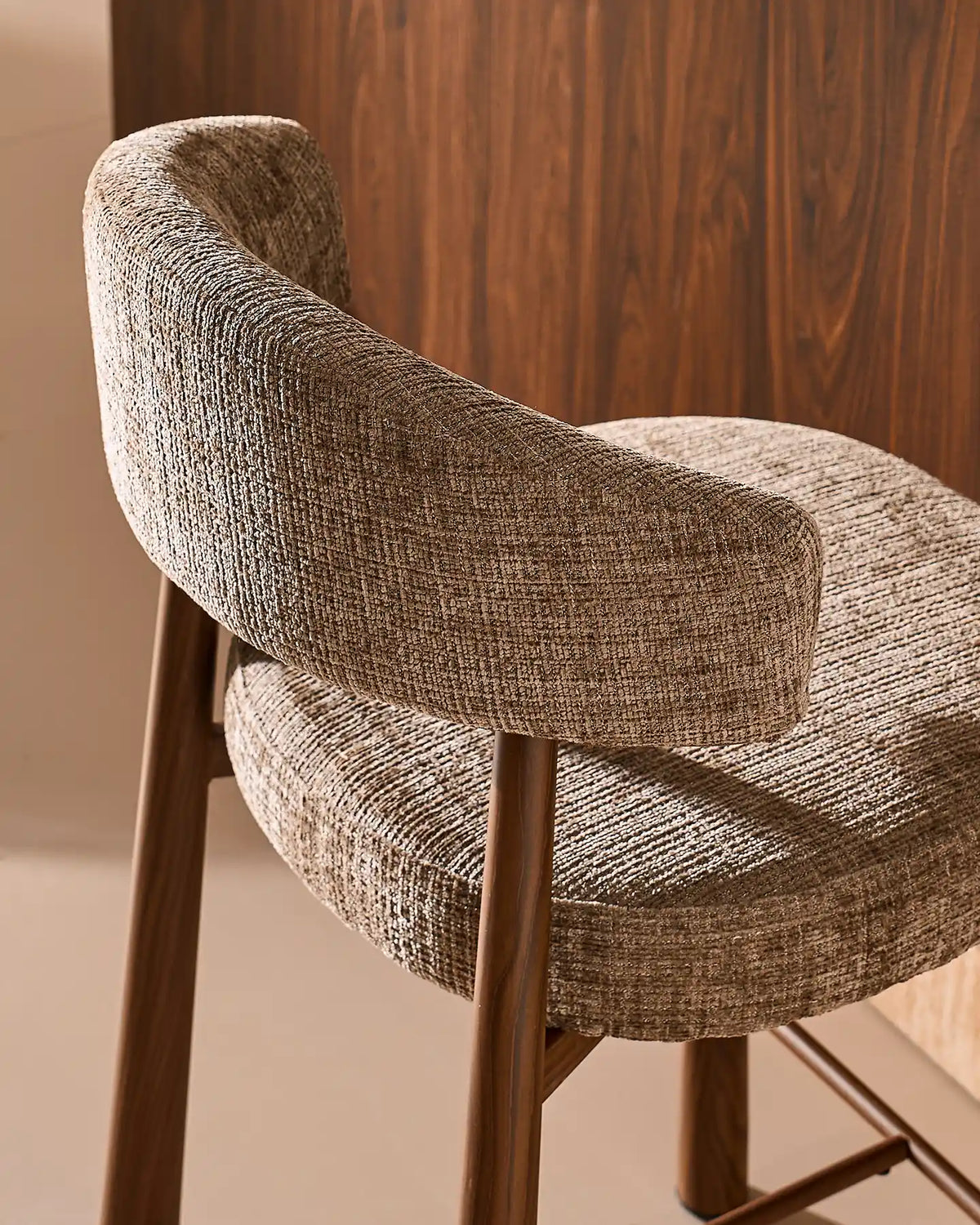 Ansel Taupe Chenille Bar Stool – Curved Backrest and Upholstered Finish