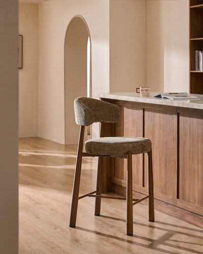 Ansel Taupe Chenille Bar Stool – Side Profile and Curved Silhouette
