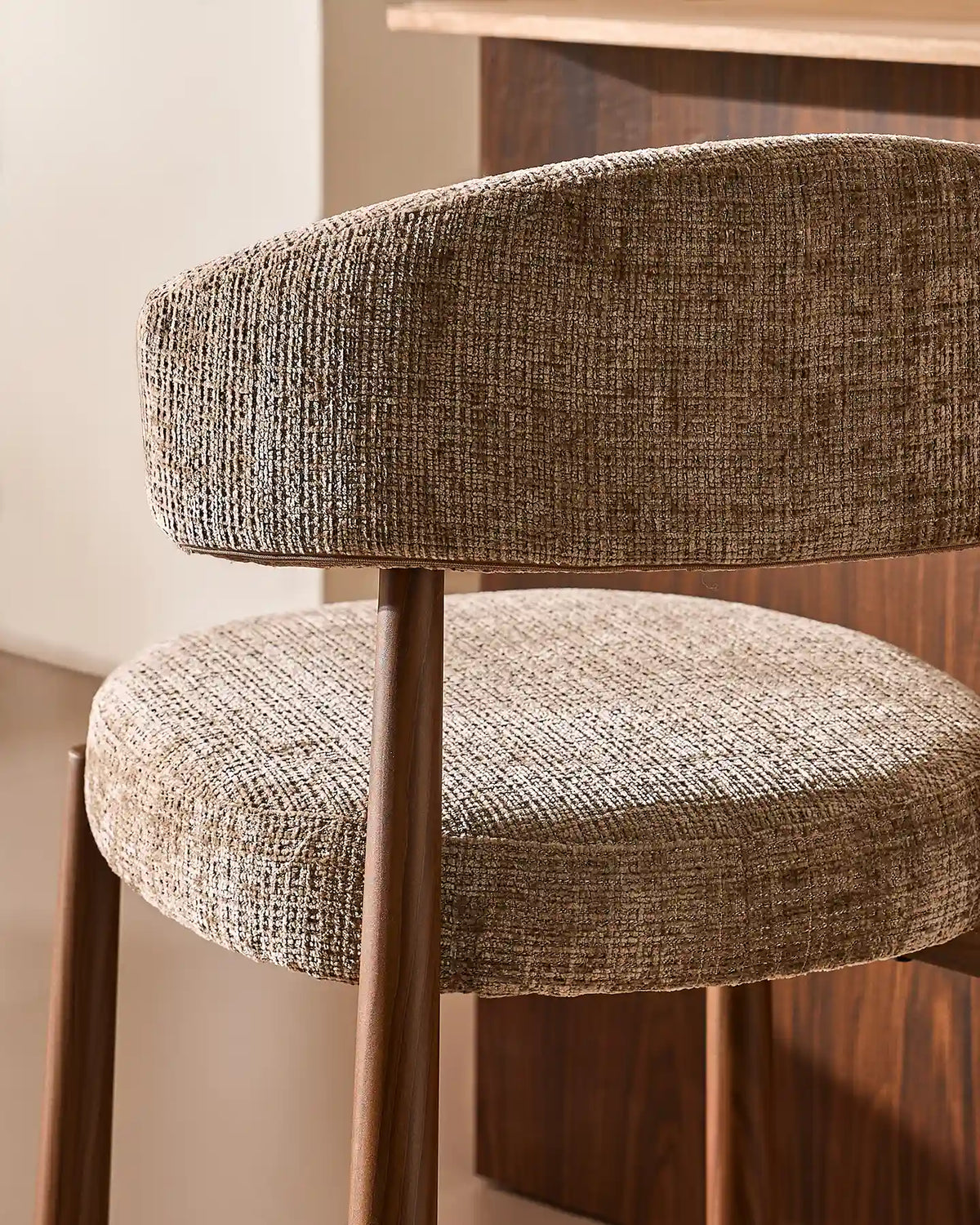 Ansel Taupe Chenille Bar Stool – Curved Backrest and Upholstered Finish