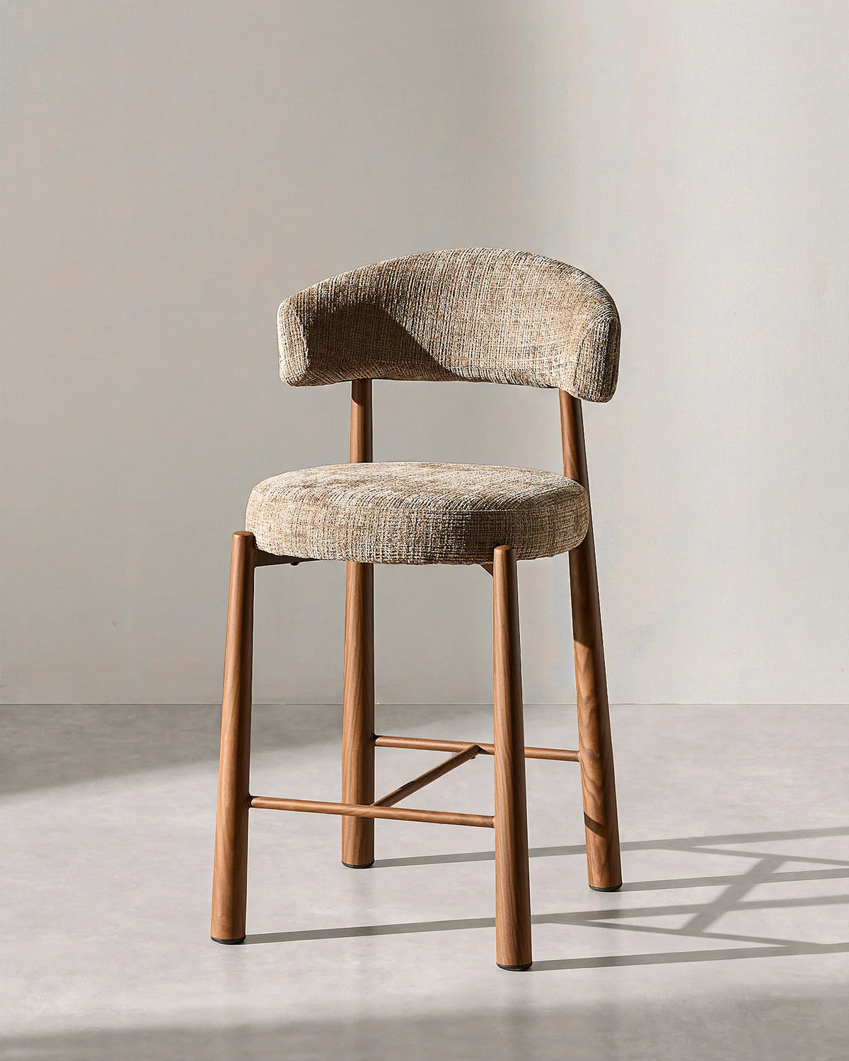 Ansel Taupe Chenille Bar Stool – Side Profile and Curved Silhouette