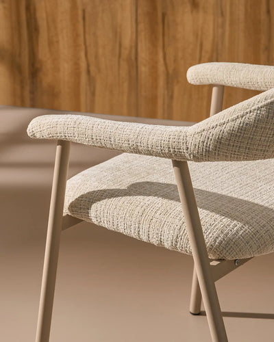 Side view of Arlo Beige chenille dining chairs with taupe legs