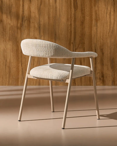 Side view of Arlo Beige chenille dining chairs with taupe legs