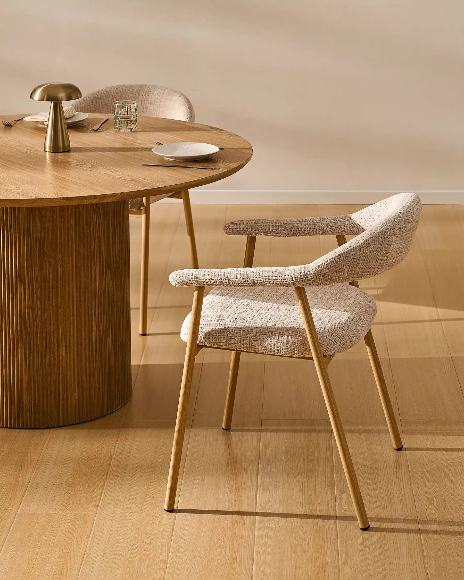 Arlo beige chenille dining chairs with oak-effect legs