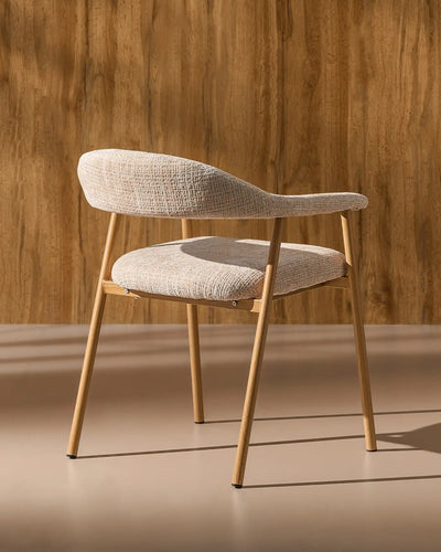 Side view of Arlo chenille dining chairs with oak-effect legs