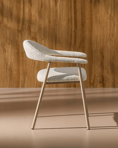 Side view of Arlo White chenille dining chairs with taupe legs