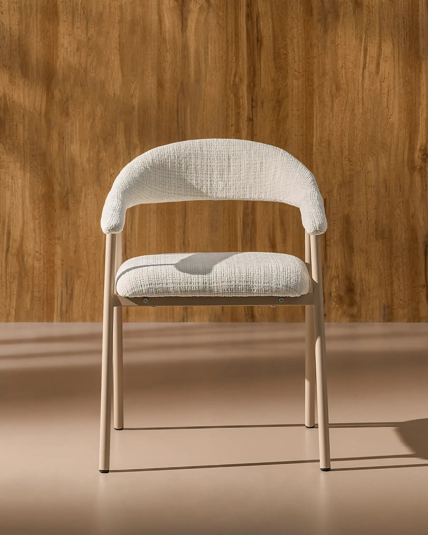 Arlo White chenille dining chairs with taupe legs in a modern dining space