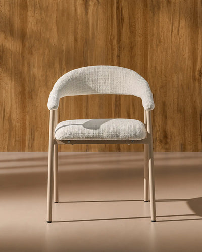 Arlo White chenille dining chairs with taupe legs in a modern dining space