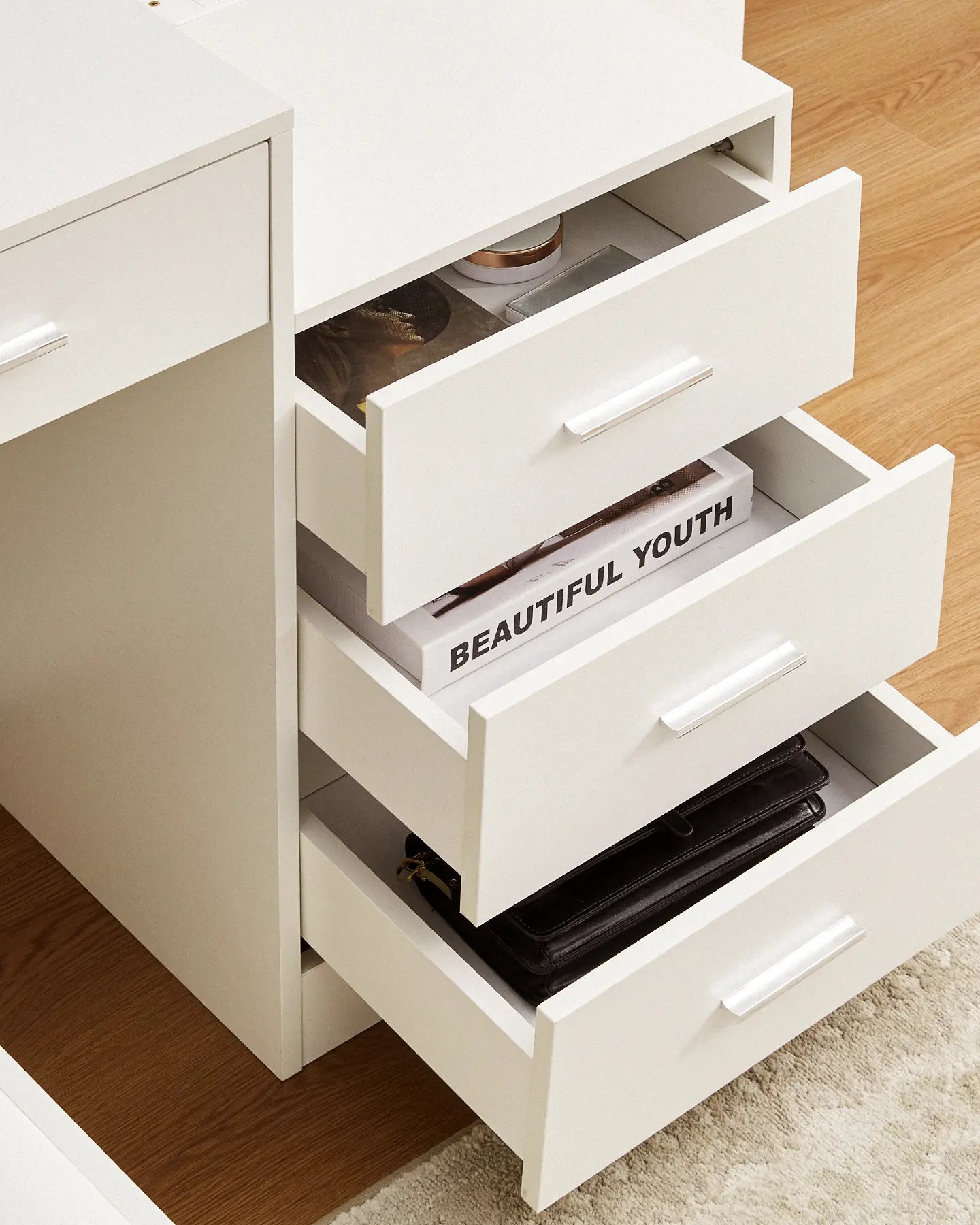 Aura White Dressing Table with Soft White Finish and PU Upholstered Stool