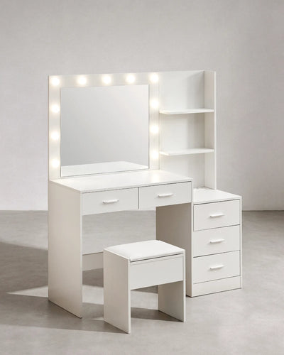 Aura White Dressing Table with Illuminated Mirror and PU Stool