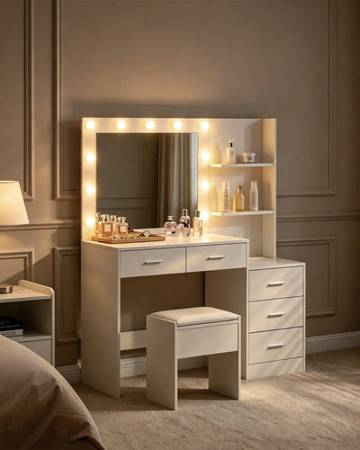 Aura White Dressing Table with Ambient LED Mirror Lighting