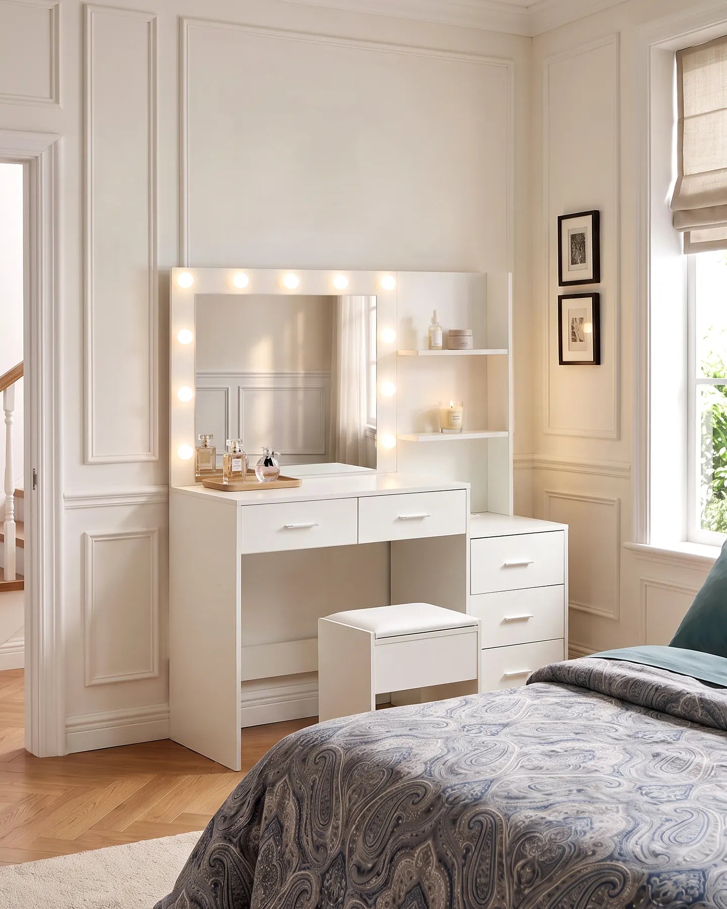 Aura White Dressing Table with LED Mirror in a Modern Bedroom