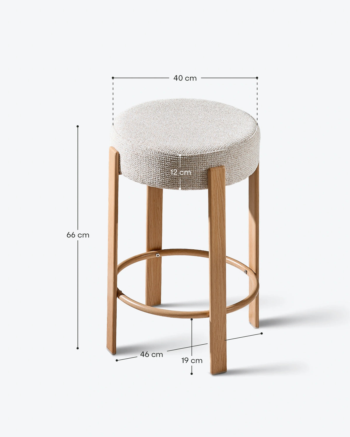 Bramley beige chenille bar stool with 65 cm seat height and round seat design