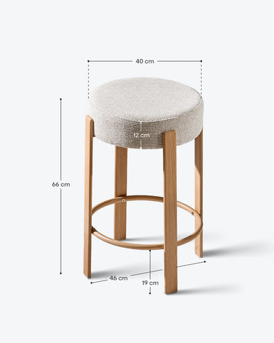 Bramley beige chenille bar stool with 65 cm seat height and round seat design