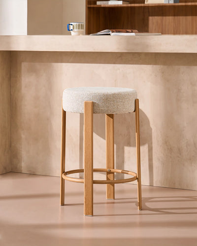 Bramley beige chenille bar stool with round seat and oak-effect metal frame
