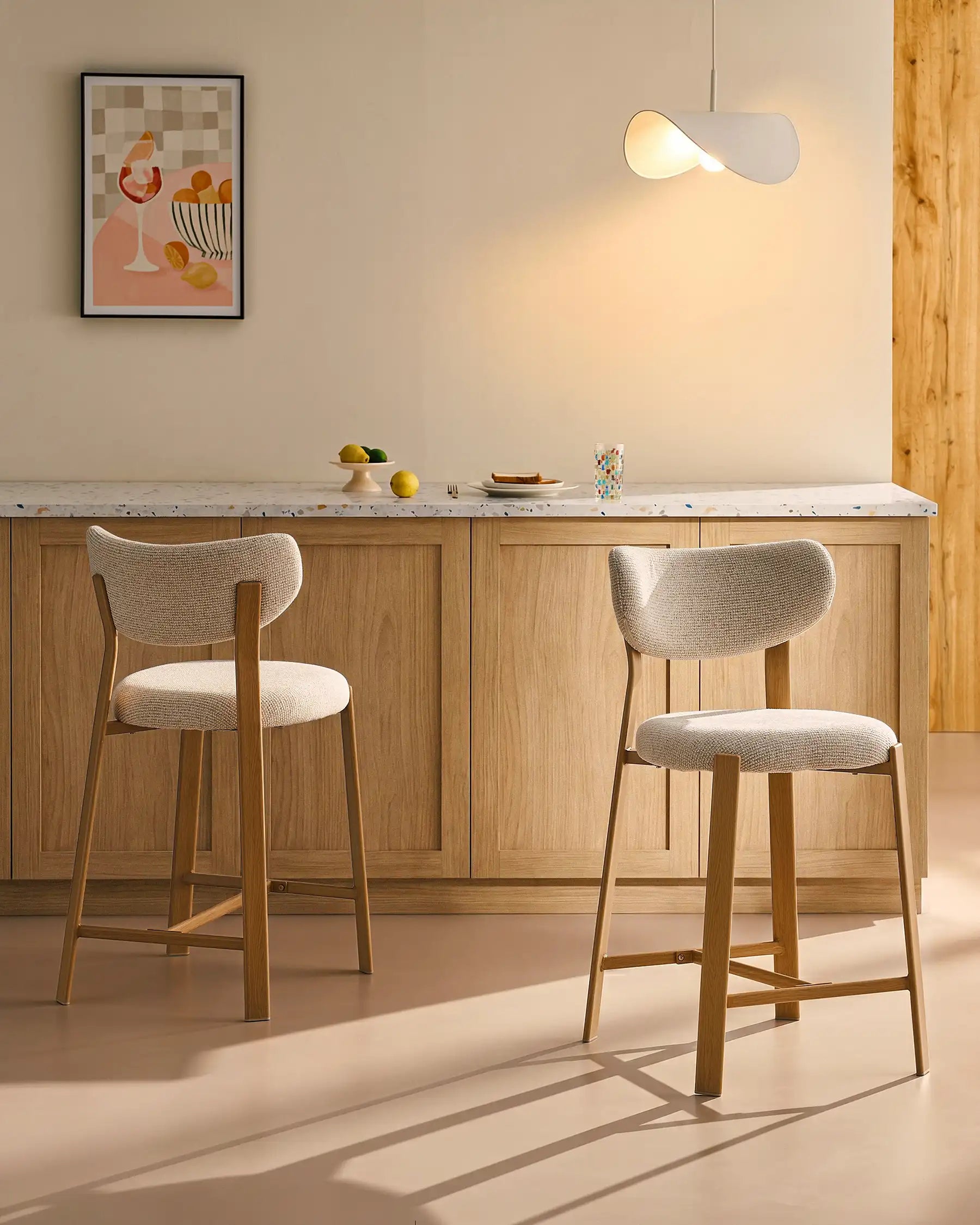 Bramley beige chenille bar stools, 65 cm seat height 