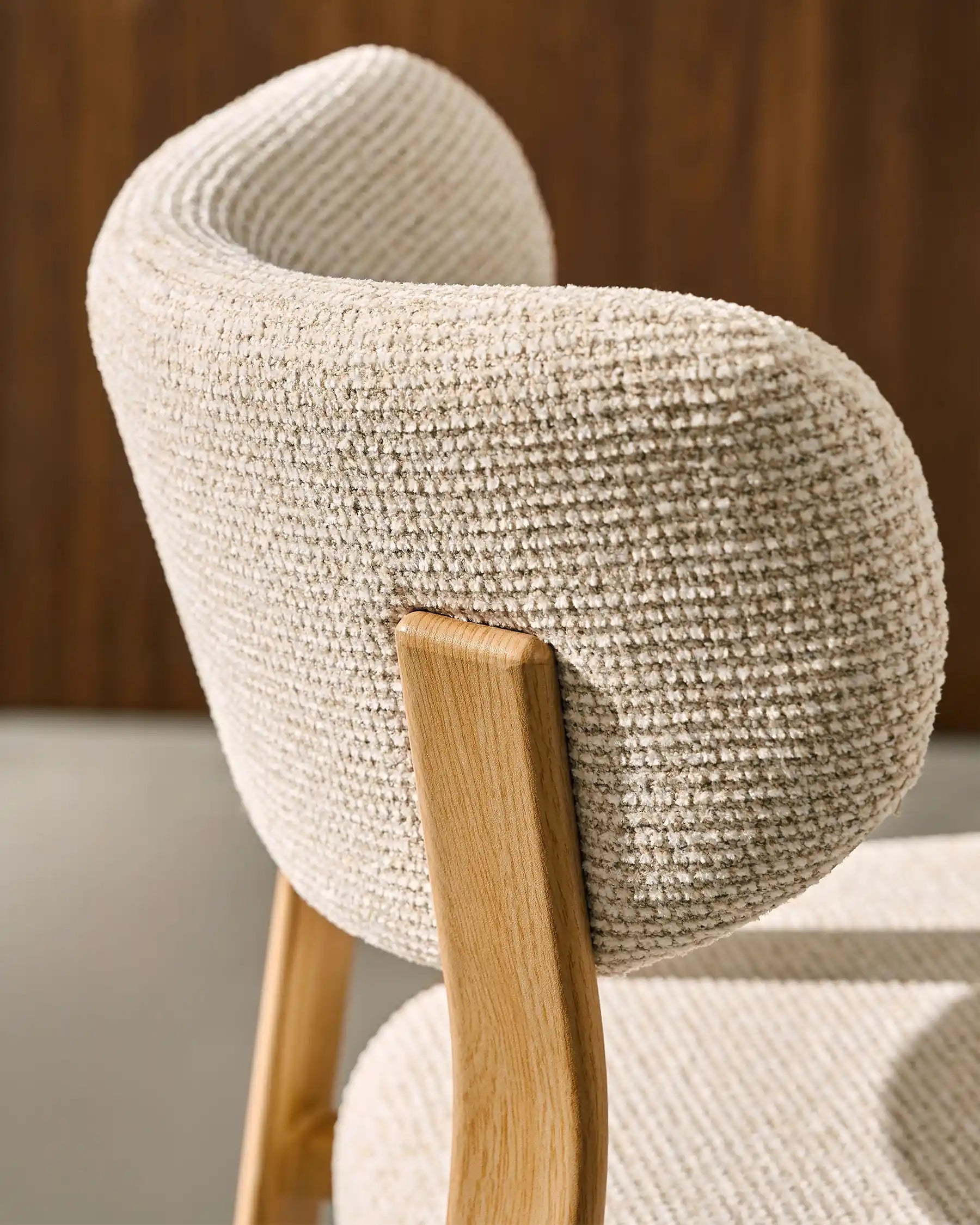 Close-up of beige chenille upholstery on Bramley bar stools