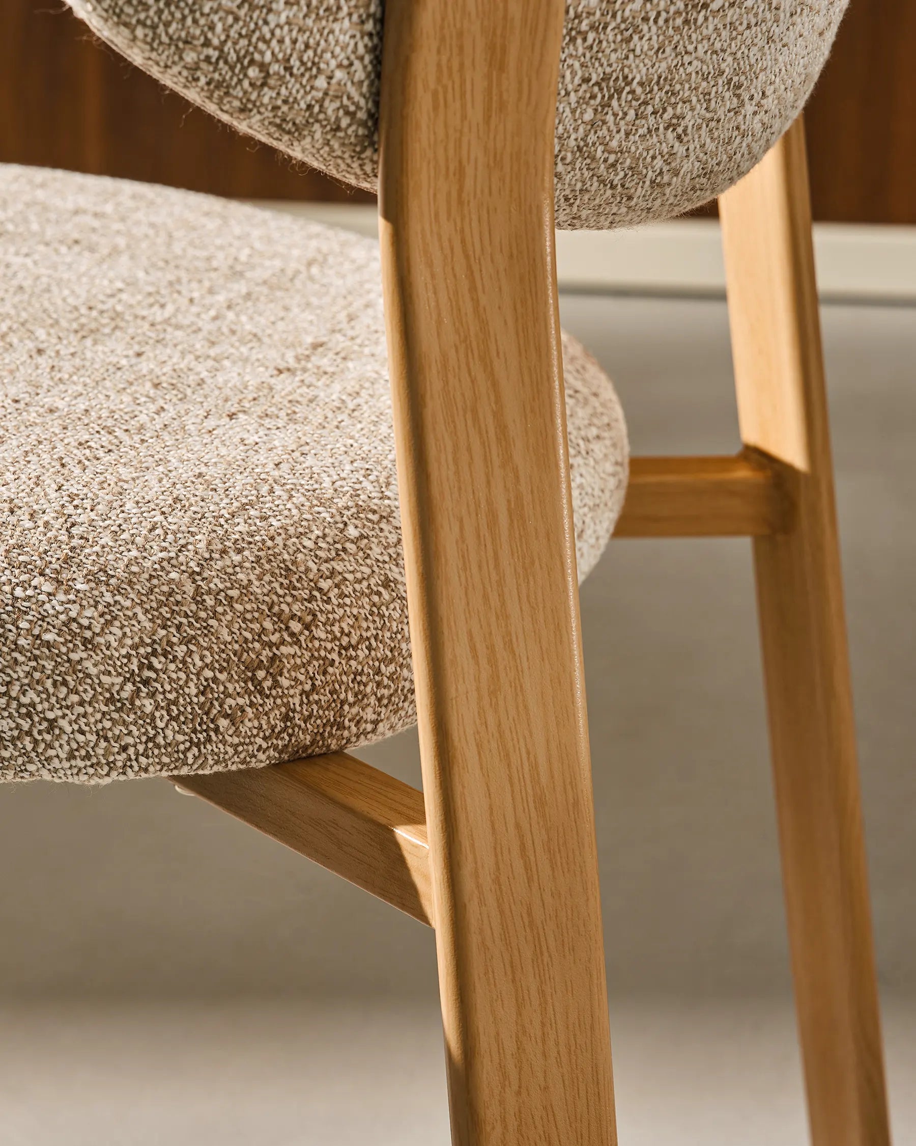 Close-up of beige linen blend upholstery on Bramley dining chairs