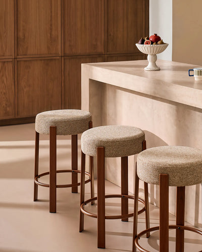 Bramley light taupe chenille bar stools styled around a modern kitchen island