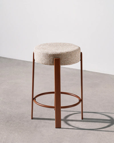 Bramley light taupe chenille bar stool with a round upholstered seat and integrated footrest