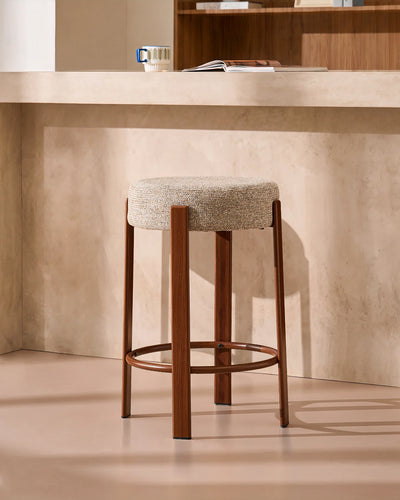 Bramley light taupe chenille bar stool with round seat and walnut-effect metal frame