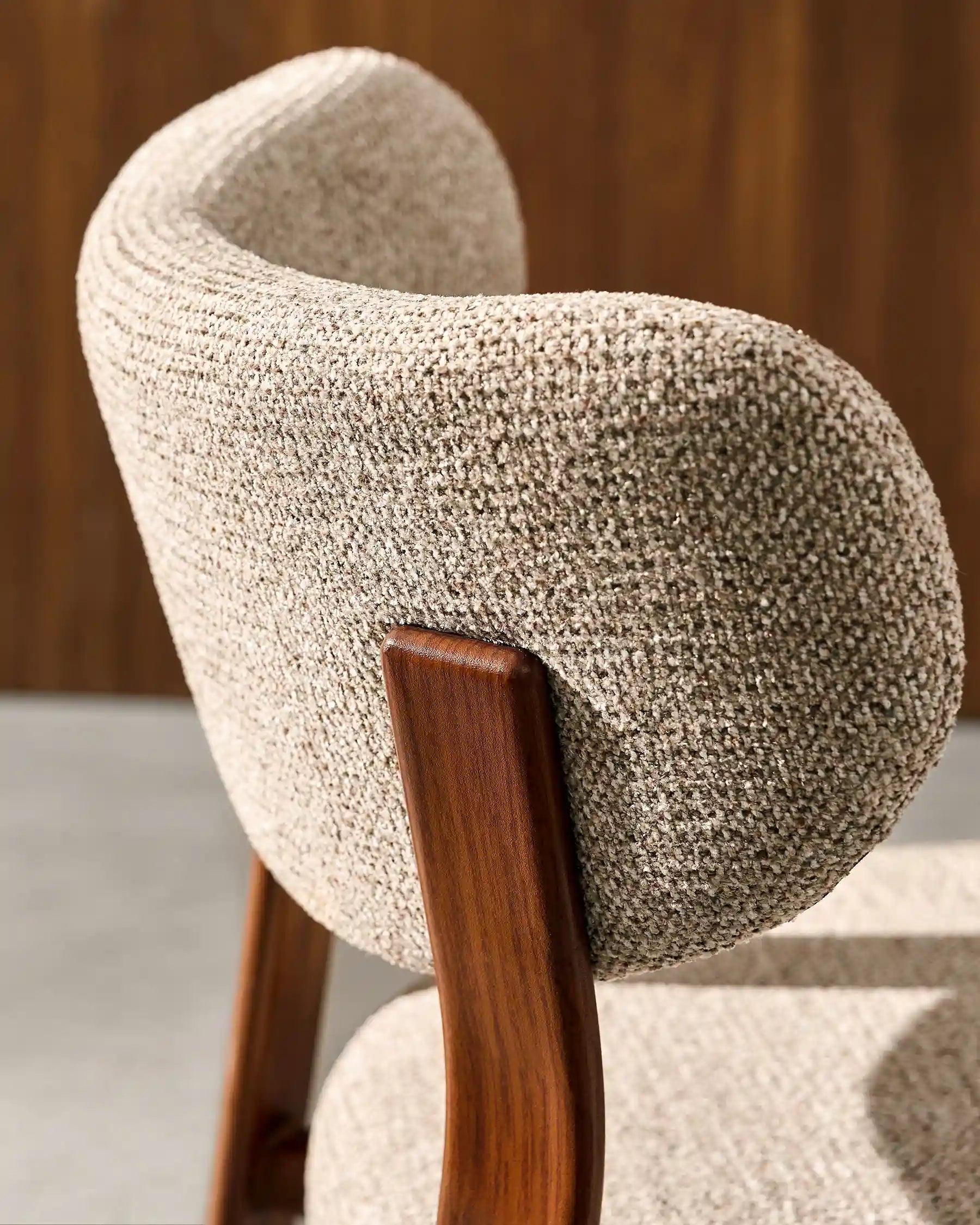 Close-up of light taupe chenille upholstery on Bramley bar stools
