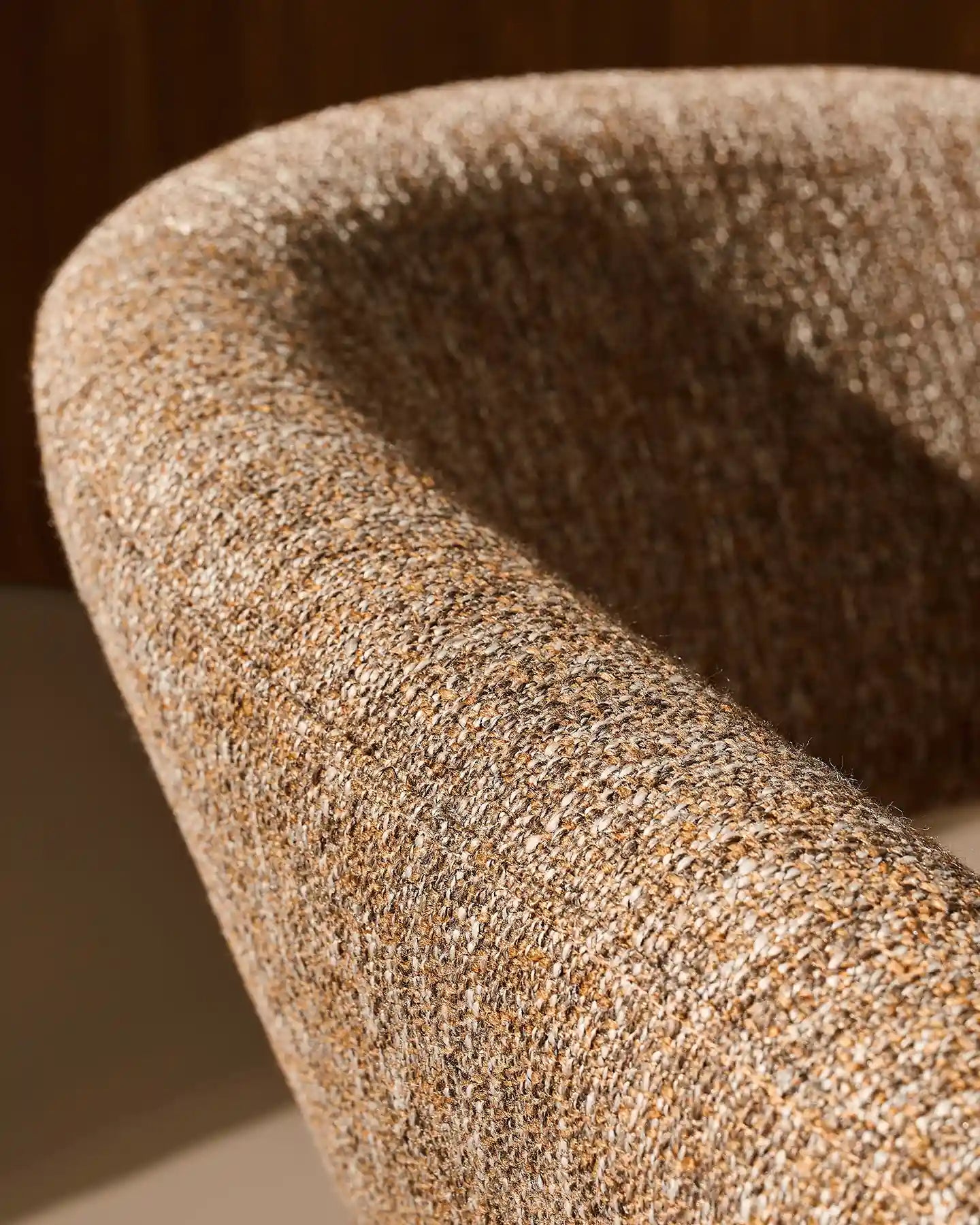 Close-up of mocha brown linen blend upholstery on Bramley accent chair