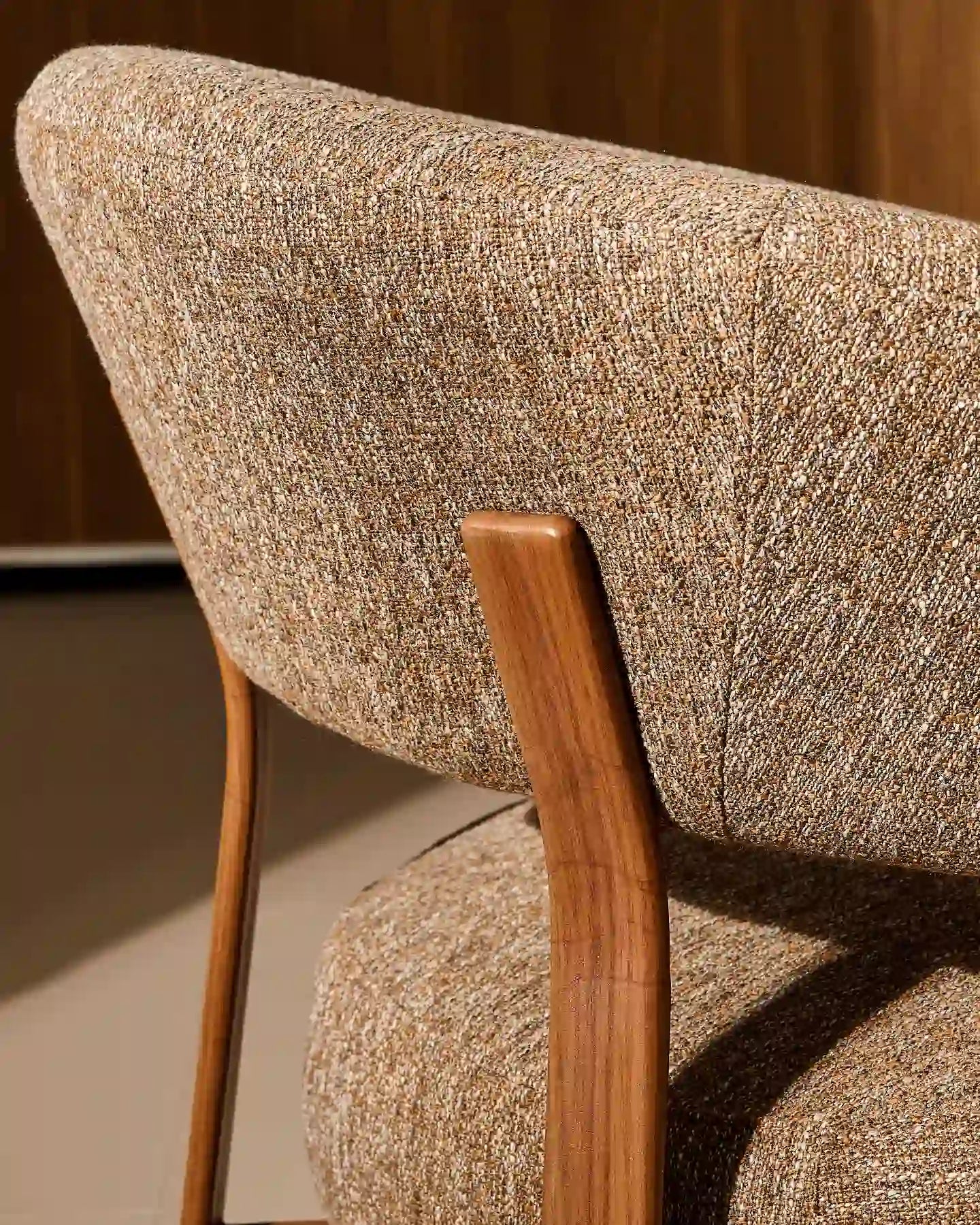 Close-up of mocha brown linen blend upholstery on Bramley accent chair