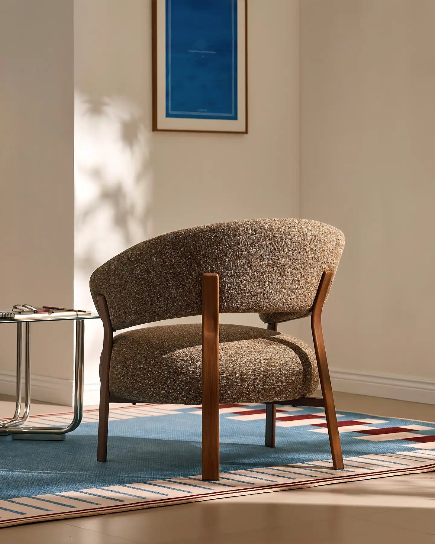 Side view of Bramley mocha brown linen blend accent chair