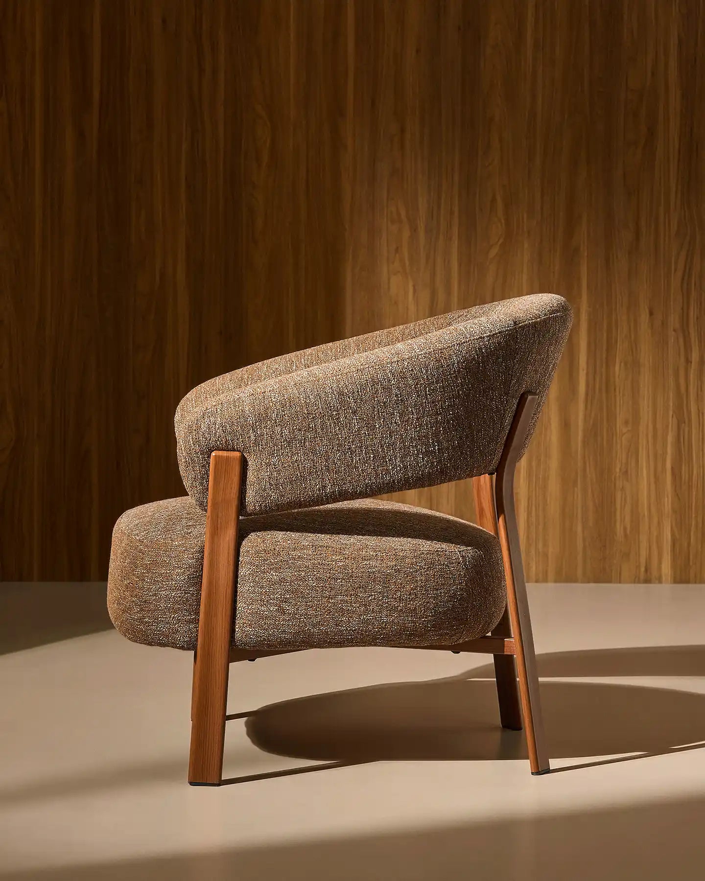 Side view of Bramley mocha brown linen blend accent chair