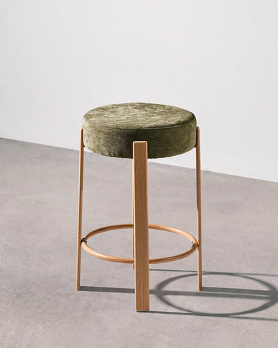 Bramley olive green chenille bar stool with a round upholstered seat and integrated footrest