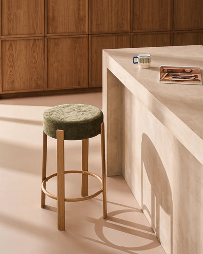 Bramley olive green chenille bar stool with round seat and oak-effect metal frame