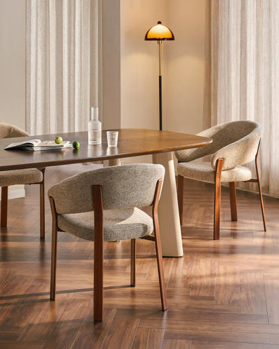 Bramley taupe chenille dining armchair in a modern dining space