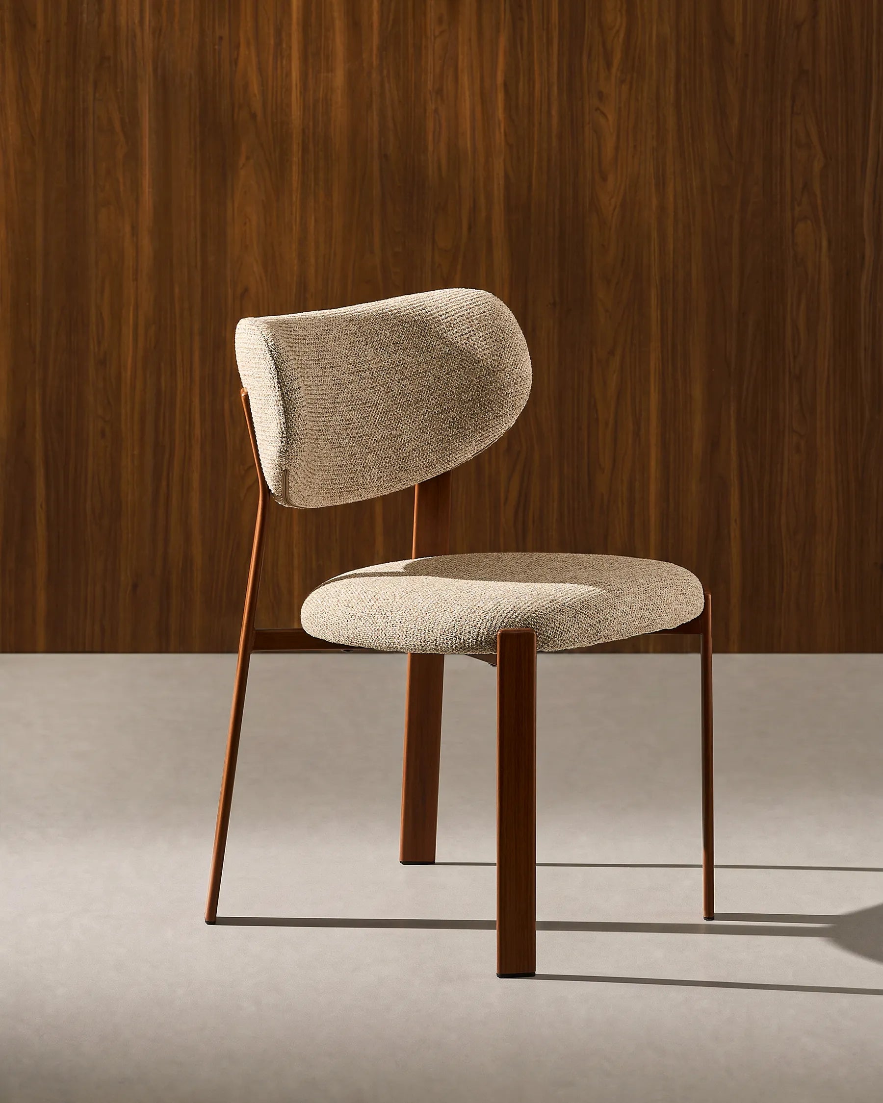 Side view of Bramley taupe chenille dining chairs