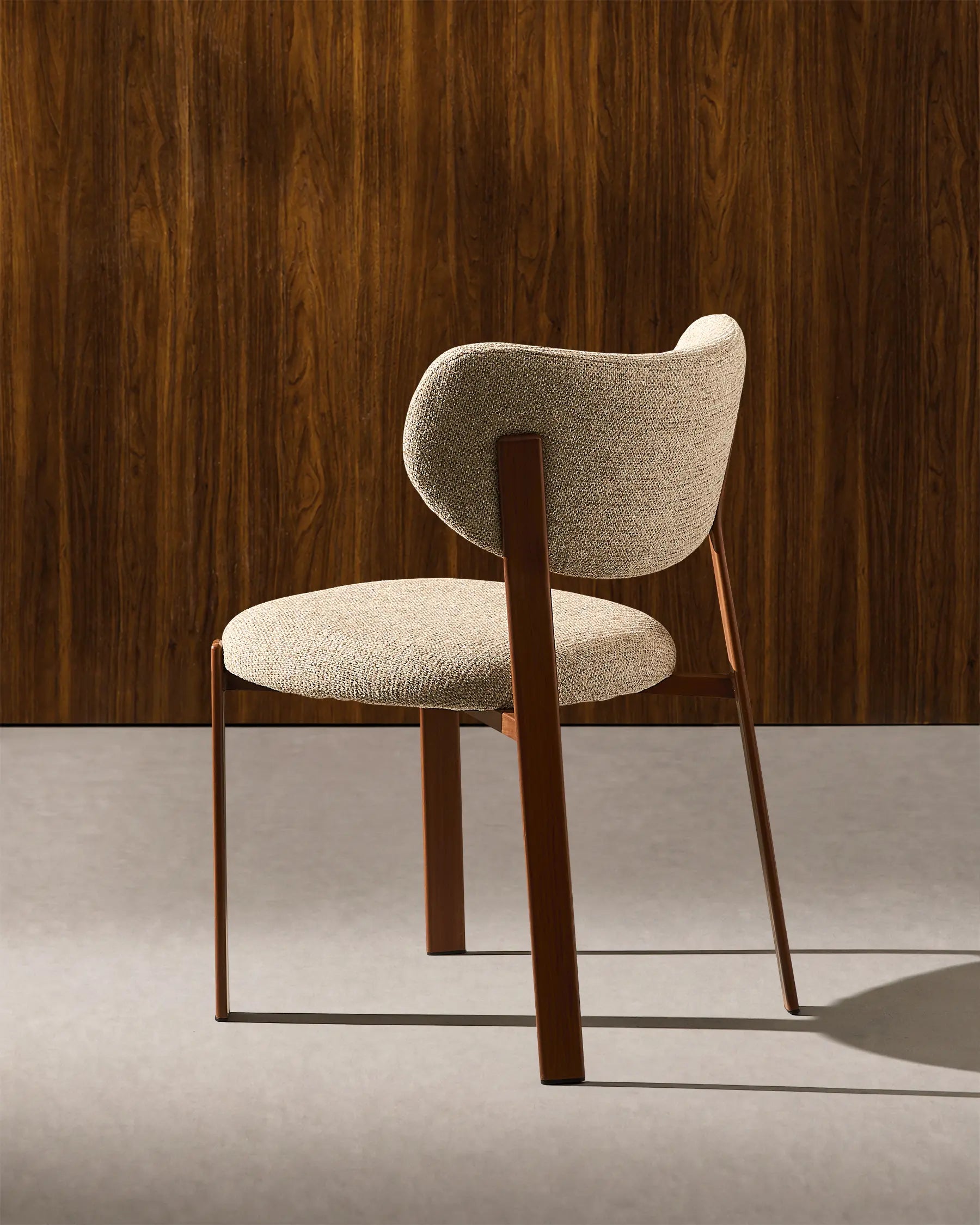 Side view of Bramley taupe chenille dining chairs