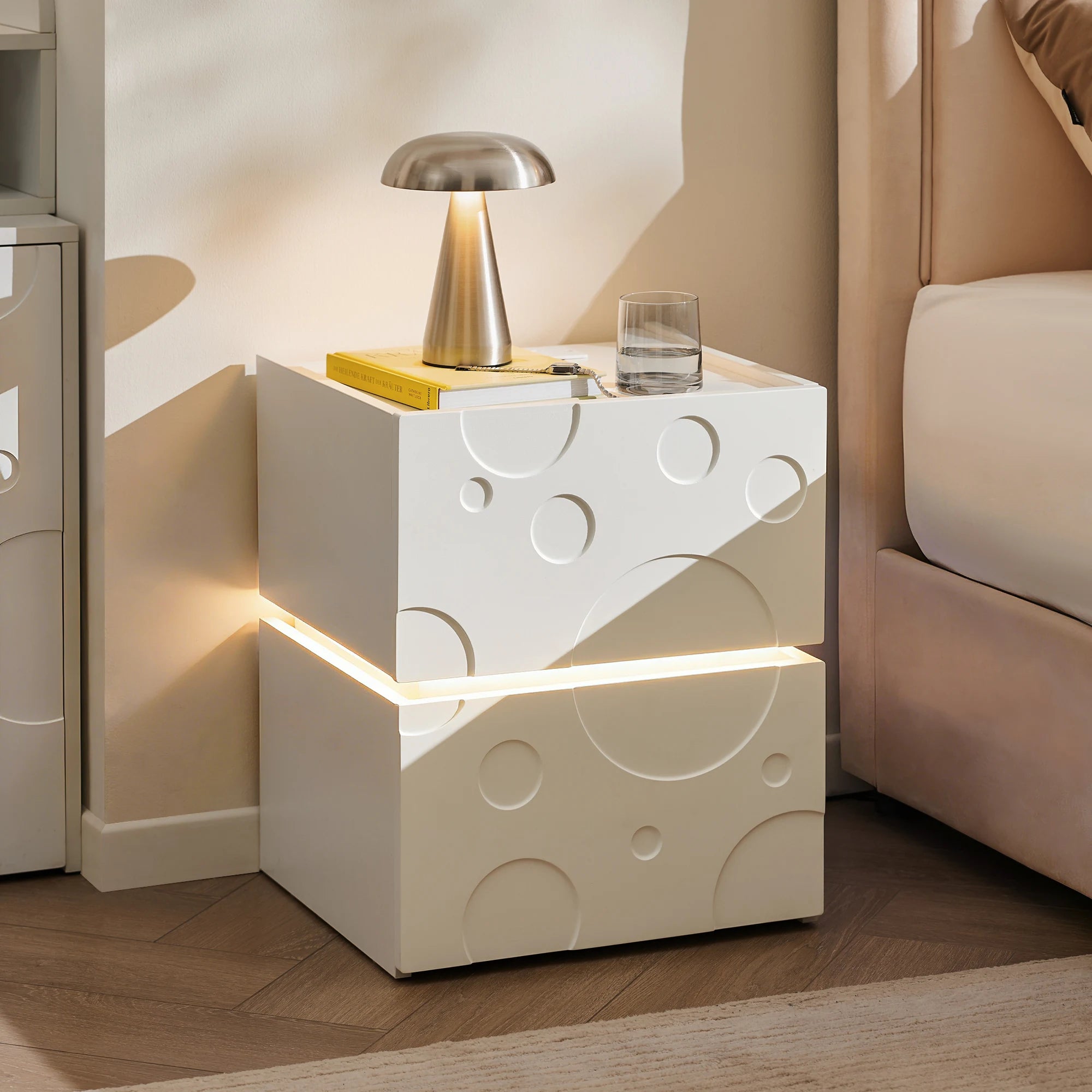Bubbli LED Bedside Table in White with Soft Integrated Lighting
