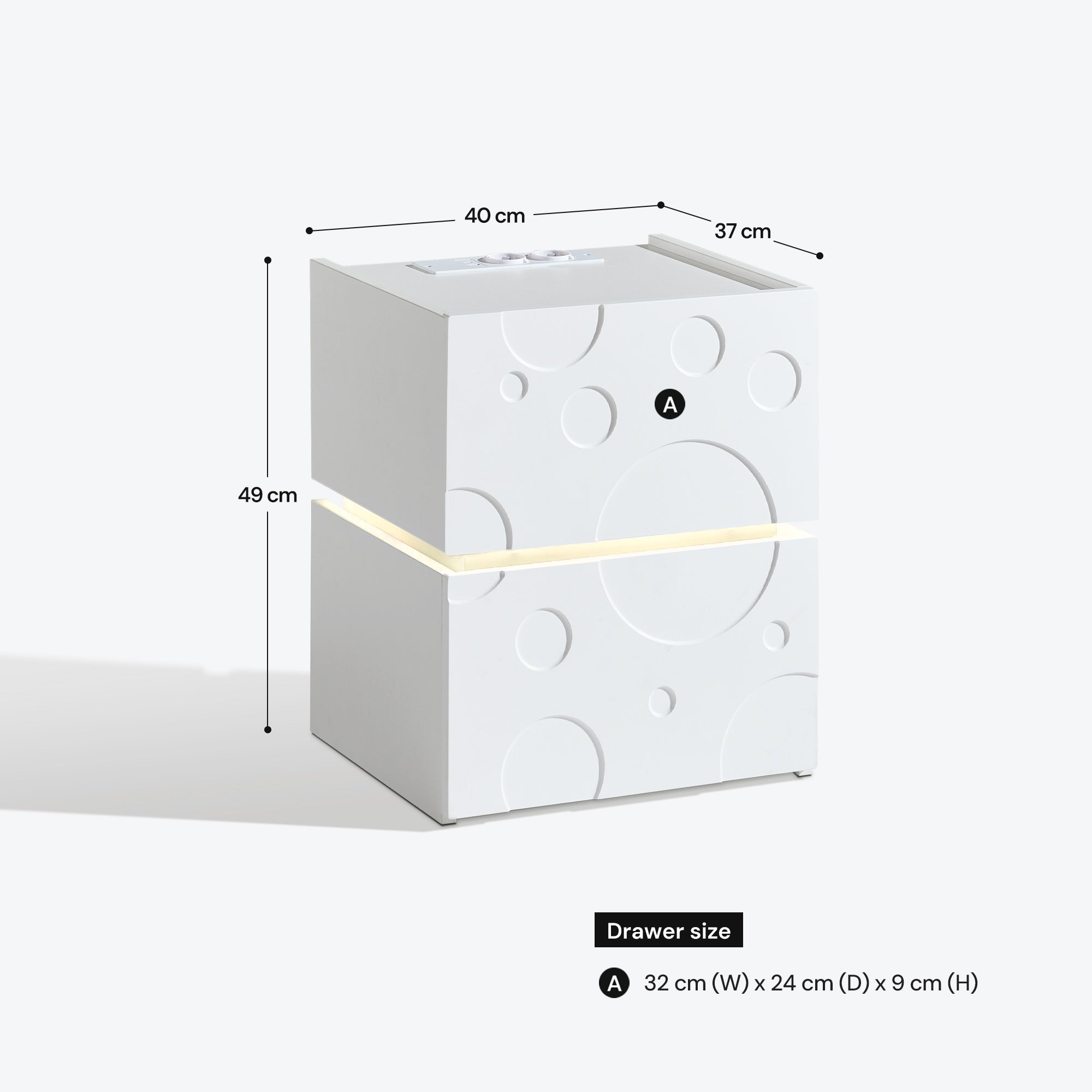 Bubbli LED Bedside Table in White – Dimensions and Measurements