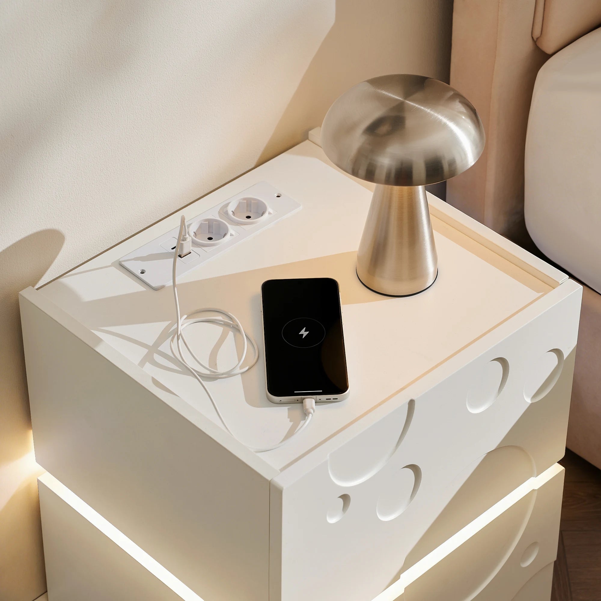 Bubbli White Bedside Table with Integrated USB Charging