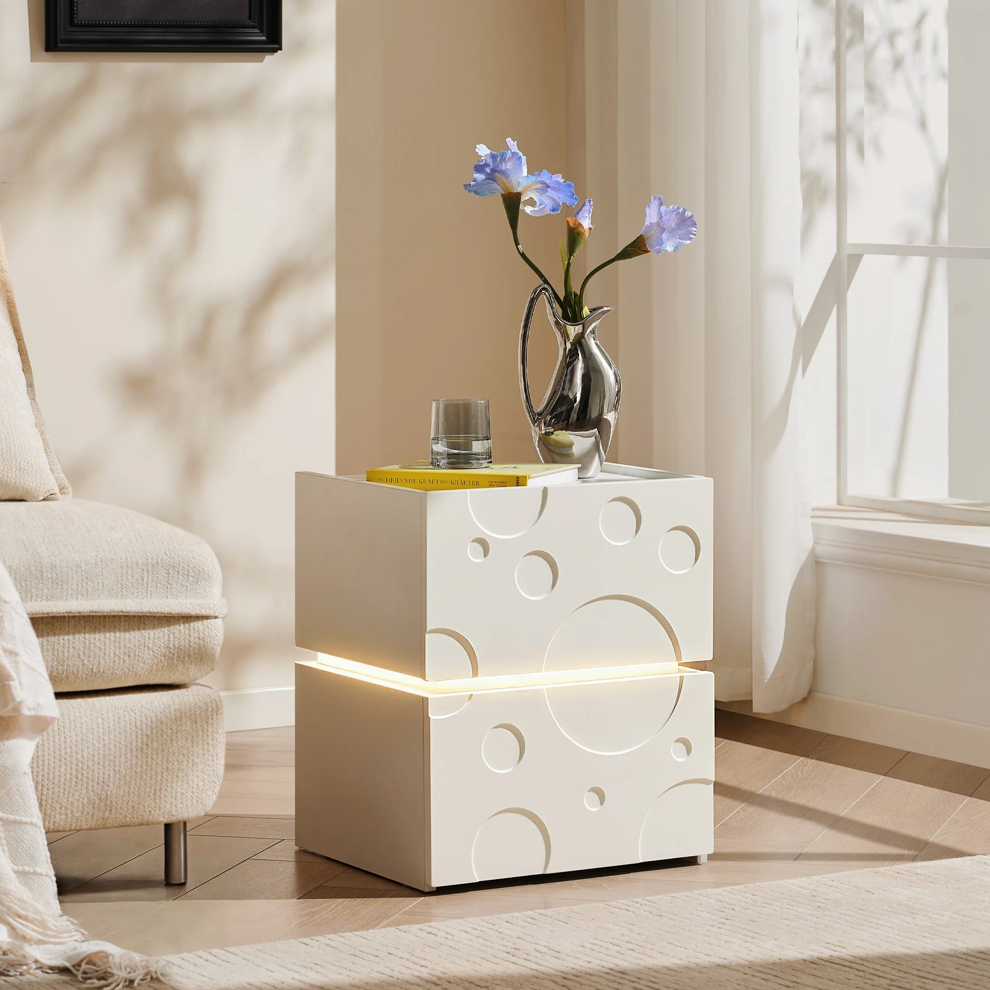 Bubbli White LED Bedside Table in a Calm Modern Bedroom